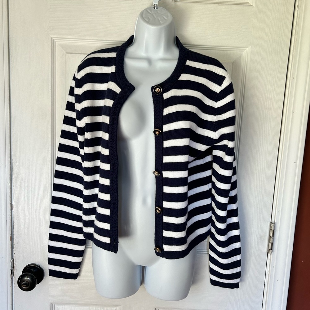 J. Crew Navy and White Striped Button-Front Cardigan Size Small NWOT